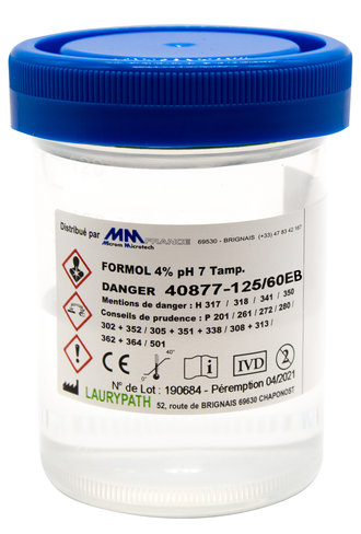 Flacons 125 ml - 60 ml de formol tamponné 4 % M/V ou 10 % V/V - Capes BLEUES