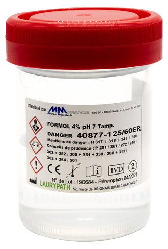 Flacons 125 ml - 60 ml de formol tamponné 4 % M/V ou 10 % V/V - Capes ROUGES
