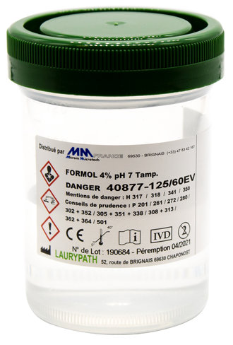 Flacons 125 ml - 60 ml de formol tamponné 4 % M/V ou 10 % V/V - Capes VERTES