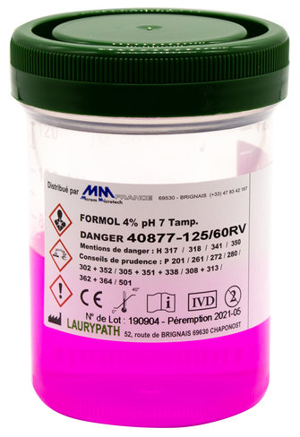 Flacons 125 ml - 60 ml de formol ROSE tamponné 4 % M/V ou 10 % V/V - Capes VERTES