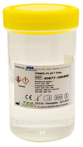 Flacons 180 ml - 80 ml de formol tamponné 4 % M/V ou 10 % V/V - Capes JAUNES
