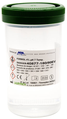 Flacons 180 ml - 80 ml de formol tamponné 4 % M/V ou 10 % V/V - Capes VERTES