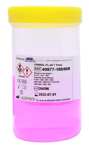 Flacons 180 ml - 80 ml de formol ROSE tamponné 4 % M/V ou 10 % V/V - Capes JAUNES