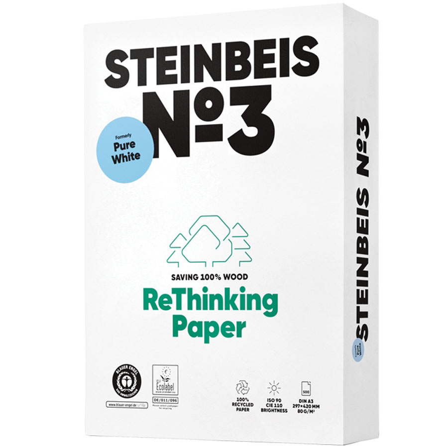 Papier blanc recyclé A3 80 g - 110 CIE - Steinbeis n°3 - Pure White -palette 100 ramettes - livré avec manutention