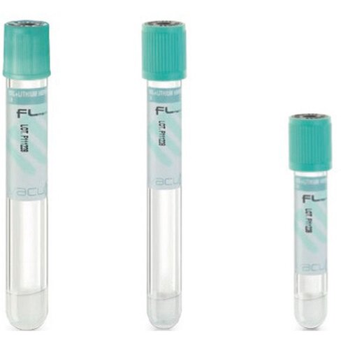 Tube stérile Vacumed Plus avec séparateur de gel + Héparine de lithium x 8 ml de sang, étiquette transparente bouchon