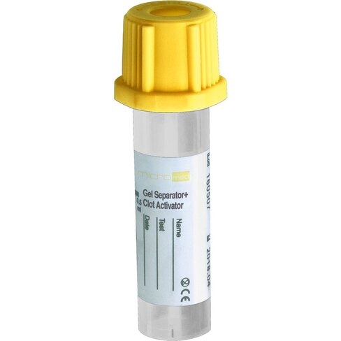 Tube Micromed , avec séparateur de gel + activateur de caillot x 0,8 ml de sang, bouchon jaune or x 100