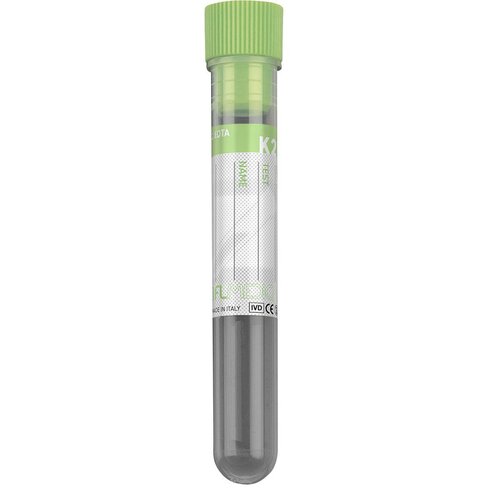 Tube PP 12x86 mm avec K2 EDTA x 2,5 ml de sang, bouchon vert clair x 1000