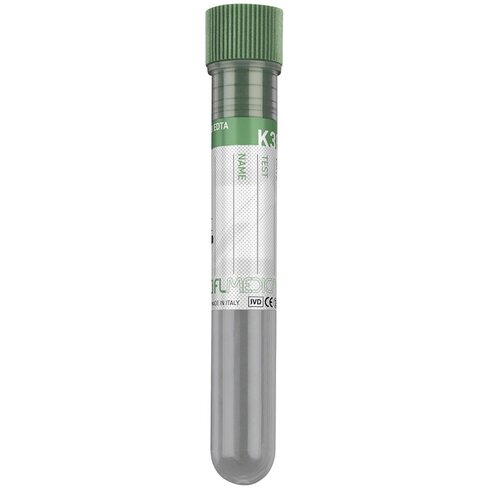 Tube PP 13x75 mm avec K3 EDTA x 3 ml de sang, bouchon vert foncé x 1000