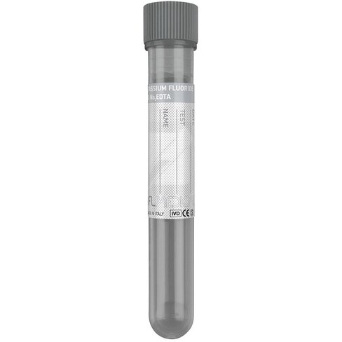 Tube PP 13x75 mm avec Fluorure de Potassium x 4 ml de sang, bouchon gris x 1000