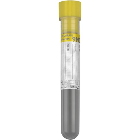 Tube en PP 13x75 mm avec 0,25 ml de Citrate de Sodium (3,8%) x 2,25 ml de sang (coagulation), bouchon jaune x 1000