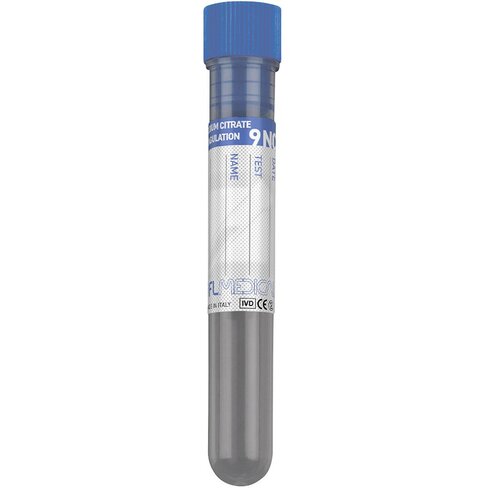 Tube en PP 13x75 mm avec 0,4 ml de Citrate de Sodium (3,8%) x 3,6 ml de sang (coagulation), bouchon bleu x 1000