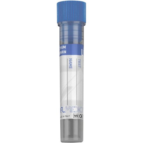 Tube pédiatrique en PP 12x56 mm avec Héparine de Lithium x 1 ml de sang, fond plat bouchon bleu x 1500