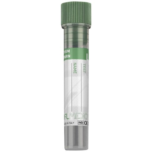 Tube pédiatrique en PP 12x56 mm avec Héparine de Lithium x 1 ml de sang, fond plat bouchon vert foncé x 1500