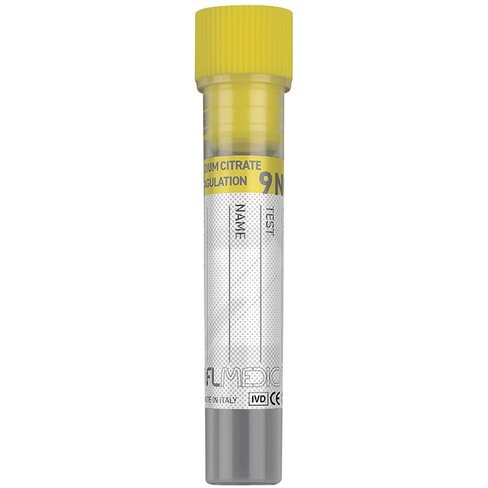 Tube pédiatrique en PP 12x56 mm avec 0,1 ml de Citrate de Sodium (3,8%) x 0,9 ml de sang (coagulation), fond plat