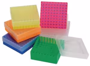 Portoirs en PP rouge pour 49 flacons 4ml (130 x 130 x 52mm) repères alphanumériques, couvercle x 5
