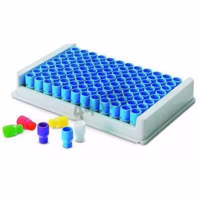 Portoir de 96 bouchons blancs de type screwtop cap stérile x 5