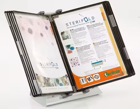 Kit mural antimicrobien sterifold inox avec 10 poches à pivot format A4 noir