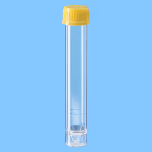 Tube 10 ml 97/16 PS à jupe bouchon vissé jaune fond conique gradué x 1000