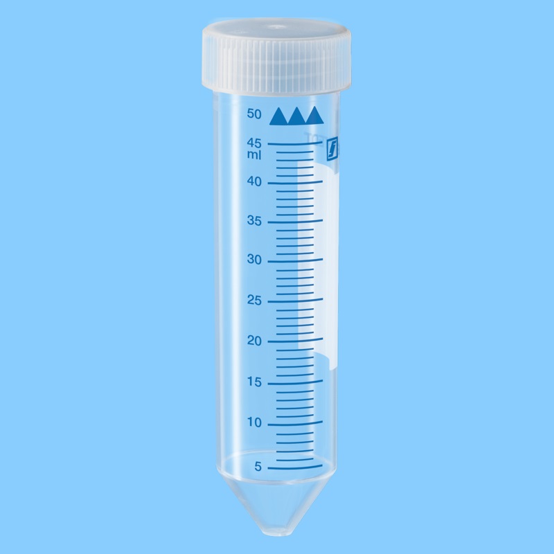 Tube 50 ml, 114/28, fond conique, PP, aplat, gradué, bouchon naturel, 25/sac, stérile, apyrogène x300