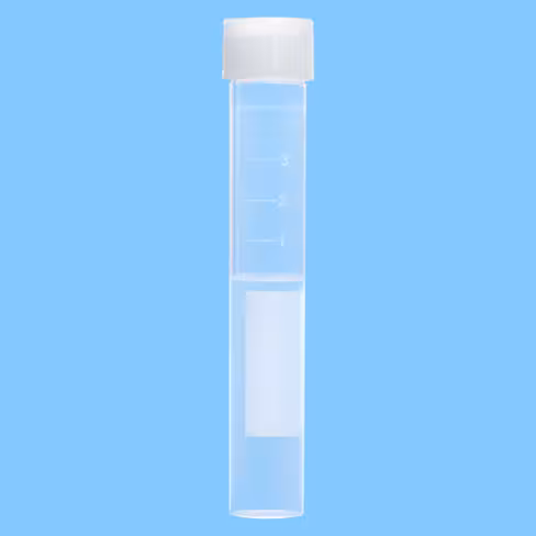 Tube 5 ml 92/15.3 PP fond conique à mi-hauteur, aplat, gradué, bouché, base plate x 1000