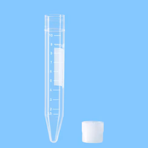 Tube 10 ml 100/16 PP fond conique aplat gradué avec bouchon non monté x 1000