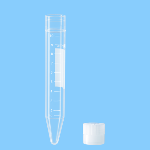 Tube 10 ml 100/16 PP fond conique aplat gradué avec bouchon non monté x 1000