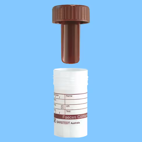 Pot à selles opaque PP 25 ml 54/28 bouchon marron étiquette x 500