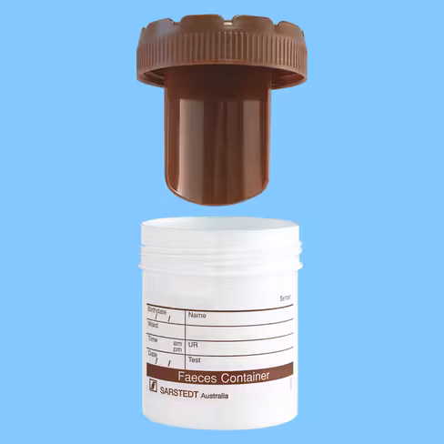 Pot à selles opaque PP 70 ml 55/44 bouchon marron étiquette x 500