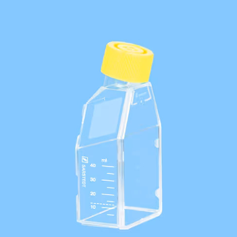 Flacon culture cellualire T25 gamme jaune Cell+ cellules sensibles et adhérentes col incliné bouchon 2 positions O/F