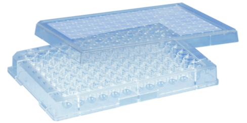 Plaque BIOFLOAT 96 puits, fond rond, PS, avec couvercle, stérile unitaire x 24