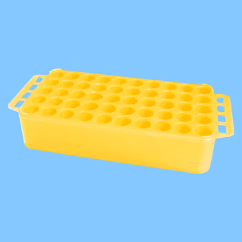 Portoir Ø 17 jaune 50 trous avec poignées pour tubes Ø 17 mm