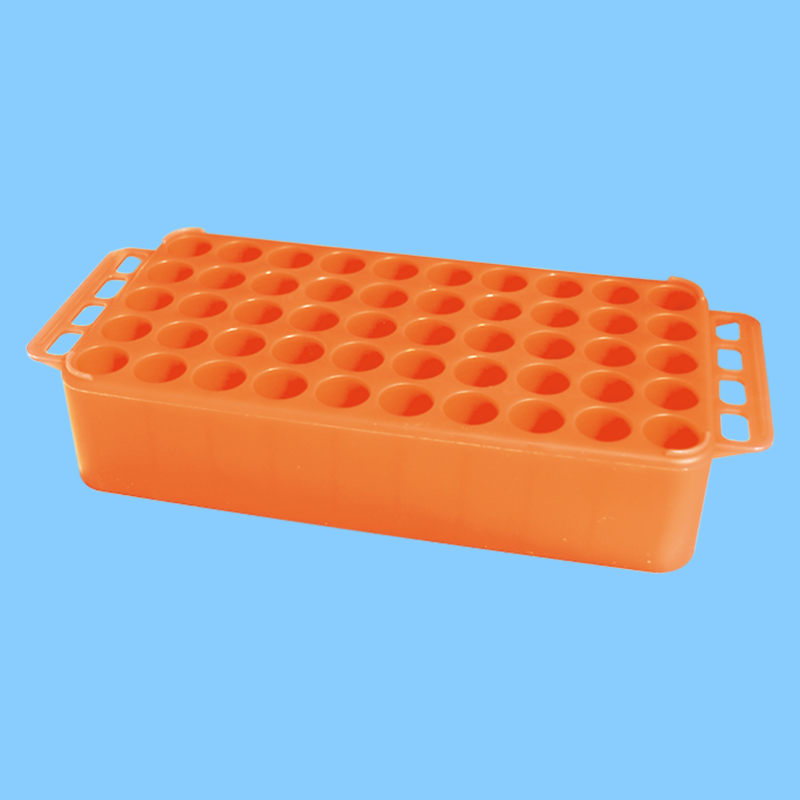 Portoir Ø 17 orange 50 trous avec poignées pour tubes Ø17 mm x 1