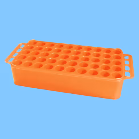 Portoir Ø 17 orange 50 trous avec poignées pour tubes Ø17 mm x 1