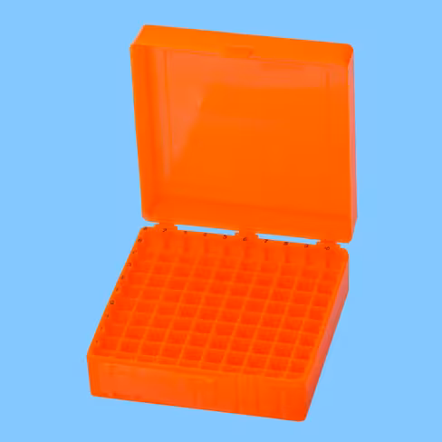 Boîte de stockage en PP couleur orange 140 x 140 x 55 pour 100 tubes x 5