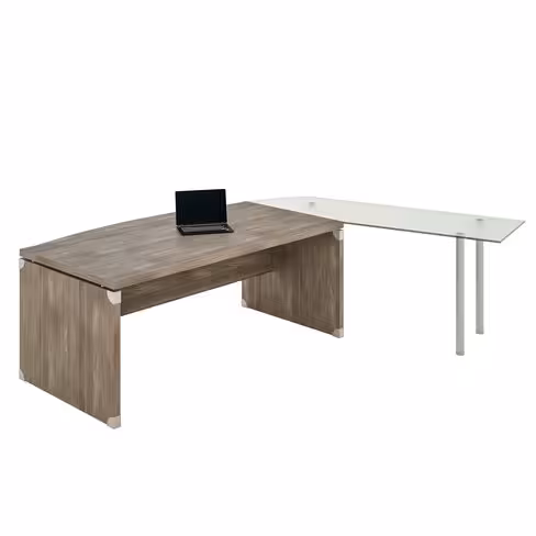 Bureau courbe Léandre Manager - l. 200 x pr. 90-101 cm - plateau mélaminé - pieds panneaux - retour verre sur pieds