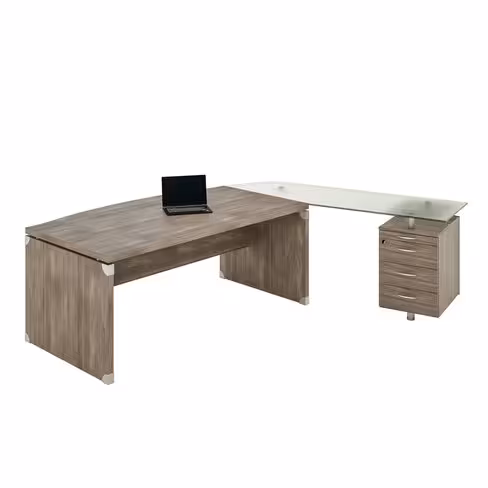 Bureau courbe Léandre Manager - l. 180 x pr. 90-101 cm - plateau mélaminé - pieds panneaux - retour verre sur caisson