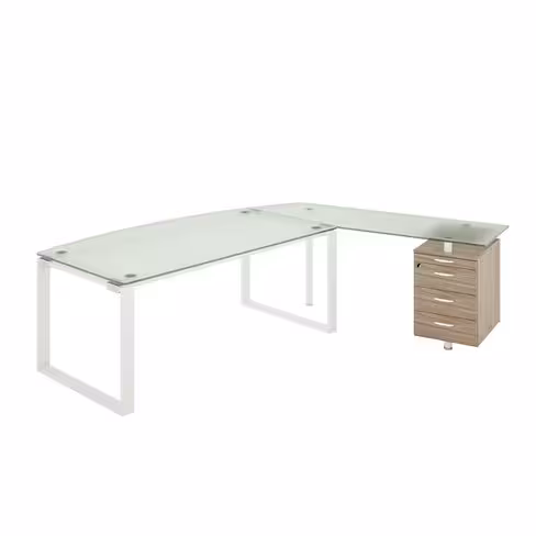 Bureau courbe Léandre Manager - l. 180 x pr. 90-101 cm - plateau verre - pieds cadre - retour verre sur caisson