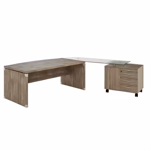 Bureau courbe Léandre Manager - l. 180 x pr. 90-101 cm - plateau mélaminé - pieds panneaux - retour verre sur meuble