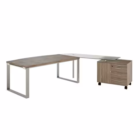 Bureau courbe Léandre Manager - l. 200 x pr. 90-101 cm - plateau mélaminé - pieds cadre - retour verre sur meuble