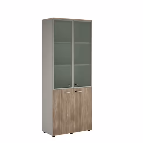 Bibliothèque mélaminé Léandre Manager - h. 215,8 x l. 86 cm - 3 tablettes - portes battantes et haut vitré