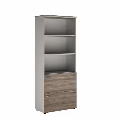 Bibliothèque mélaminé Léandre Manager - h. 215,8 x l. 86 cm - 2 tablettes - 2 tiroirs et haut ouvert