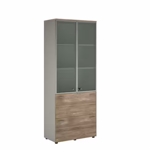 Bibliothèque mélaminé Léandre Manager - h. 215,8 x l. 86 cm - 2 tiroirs et haut vitré translucide