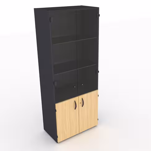 Bibliothèque mélaminé placage bois Amphitéo - h. 197 x l. 80 cm -portes battantes et haut verre teinté