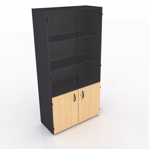 Bibliothèque mélaminé placage bois Amphitéo - h. 197 x l. 100 cm - portes battantes et haut verre teinté