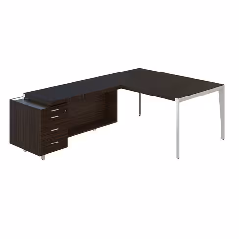 Bureau droit placage bois X-Time Wood - l. 161 x p. 101 cm + retour sur caisson 3 tiroirs plats