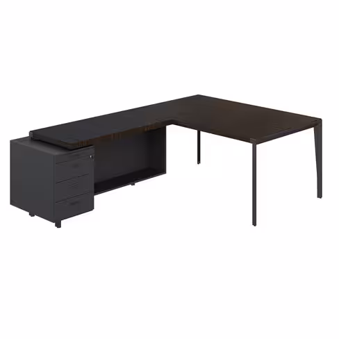 Bureau droit placage bois X-Time Wood - l. 161 x p. 101 cm + retour sur caisson laqué 3 tiroirs plats