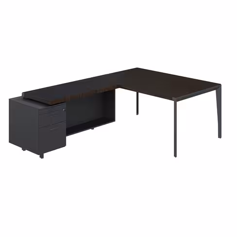 Bureau droit placage bois X-Time Wood - l. 161 x p. 101 cm + retour sur caisson laqué 1 tiroir plat + 1 dossier suspendu