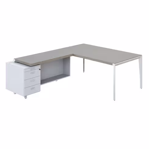 Bureau droit placage bois X-Time Wood - l. 181 x p. 101 cm + retour sur caisson laqué 3 tiroirs plats
