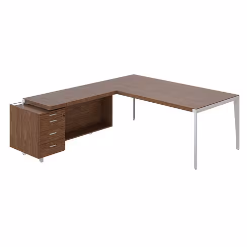 Bureau droit placage bois X-Time Wood - l. 201 x p. 101 cm + retour sur caisson 3 tiroirs plats