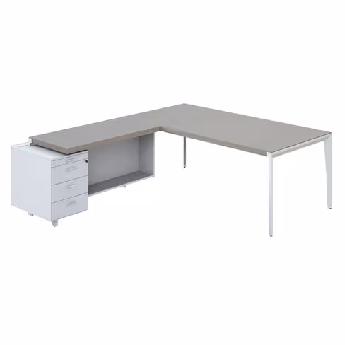 Bureau droit placage bois X-Time Wood - l. 201 x p. 101 cm + retour sur caisson laqué 3 tiroirs plats
